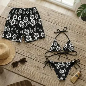 [Hot Summer 2026] - Hawaiian Shorts & Bikini Set – Summer 2026 Couple Matching Black Floral Swimwear