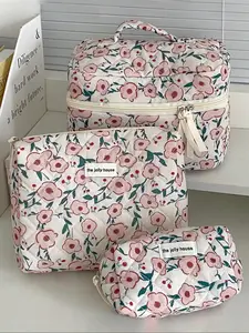 Floral Pattern Toiletry Bag Set, Portable Cosmetic Bag, Travel Cosmetic Bags, Zipper Makeup Bag, Versatile Storage Bag for Travel, School Supplies