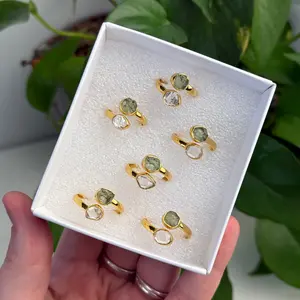 Gold Moldavite and Herkimer Diamond Adjustable Ring