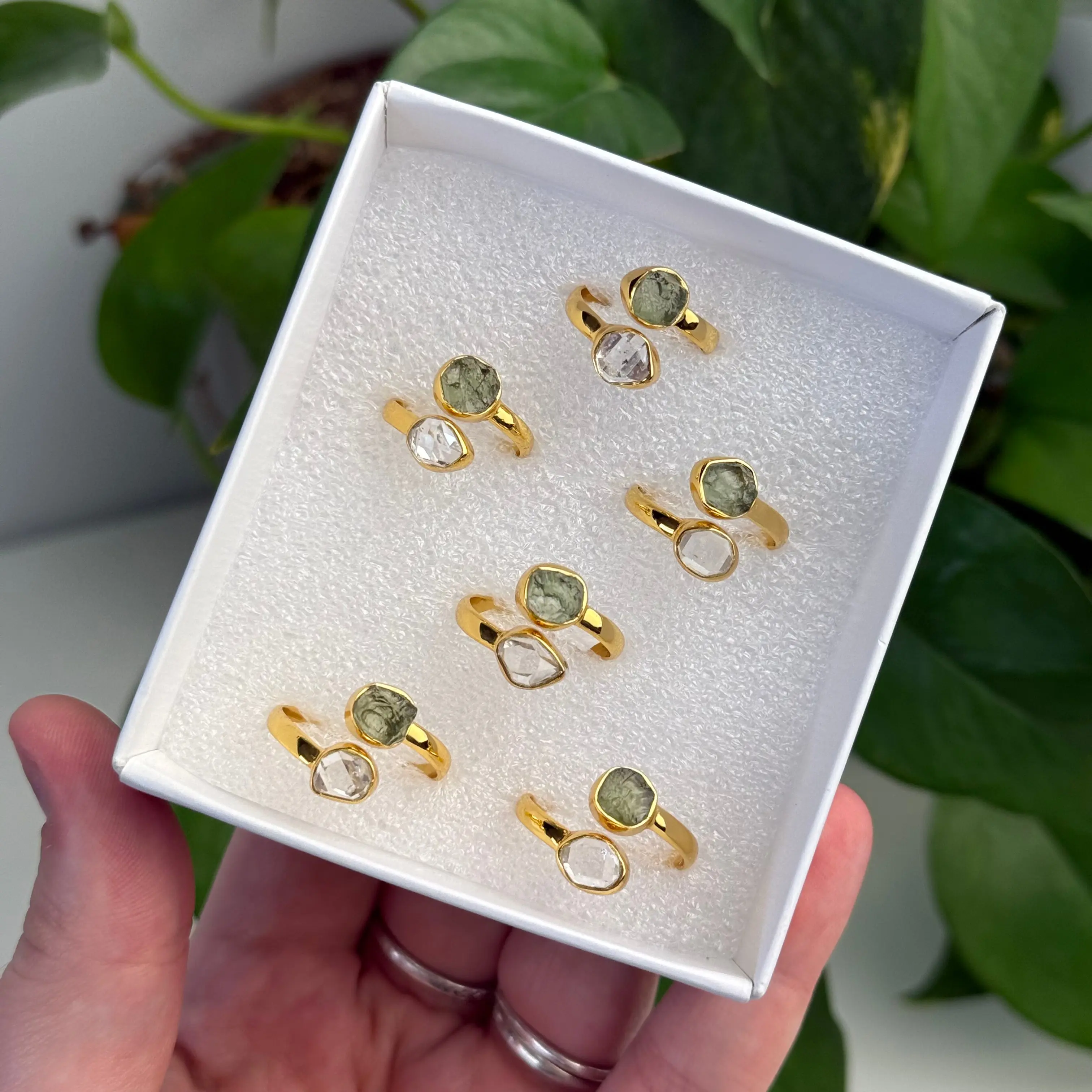 Gold Moldavite and Herkimer Diamond Adjustable Ring