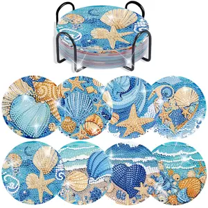 8-piece DIY diamond painting coaster set, ocean-themed home decor coasters, DIY party decoration coasters, perfect gift, adult DIY diamond craft, acrylic diamond coasters with cork base, heat-resistant dining table coasters