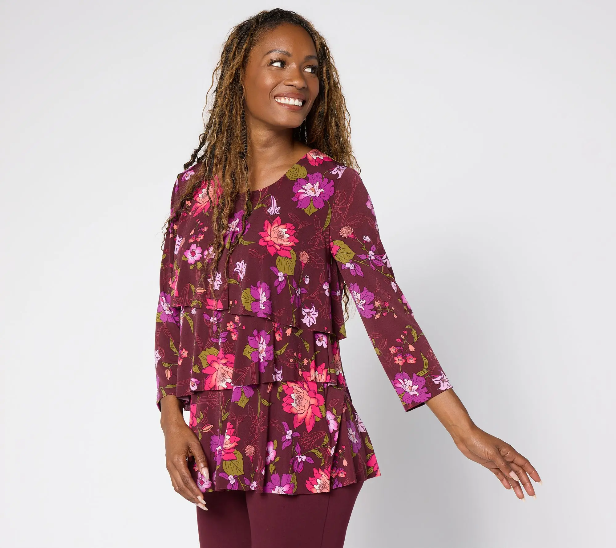Susan Graver Petite Liquid Knit Scoop Neck Tiered Top