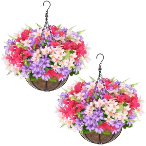 2pcs Artificial Hanging Flowers forOutdoors - UV Resistant Fake Flowers withHanging Baskets for Garden Decoration, Spring Decor & Patio Porch - Beautiful