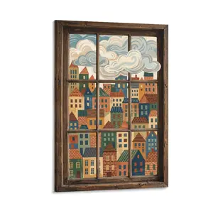 Vibrant City Houses & Clouds Canvas Art, Whimsical Flat Illustration, Retro Wall Decor for Living Room, Bedroom, Office, Printed Artwork