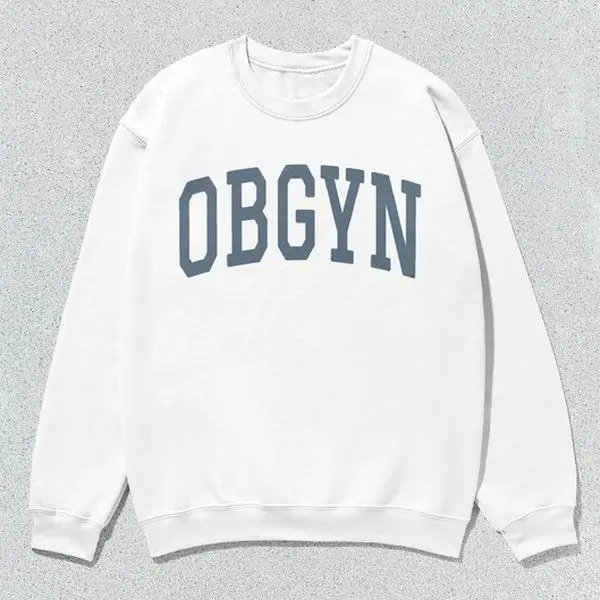 Unisex Fit OBGYN Obstetrics and Gynaecology Collegiate Crewneck Sweatshirt, Menswear Casual Long Sleeve Round Neck Pullover, Grey Preppy Slogan Print Minimalist All-Season Tops