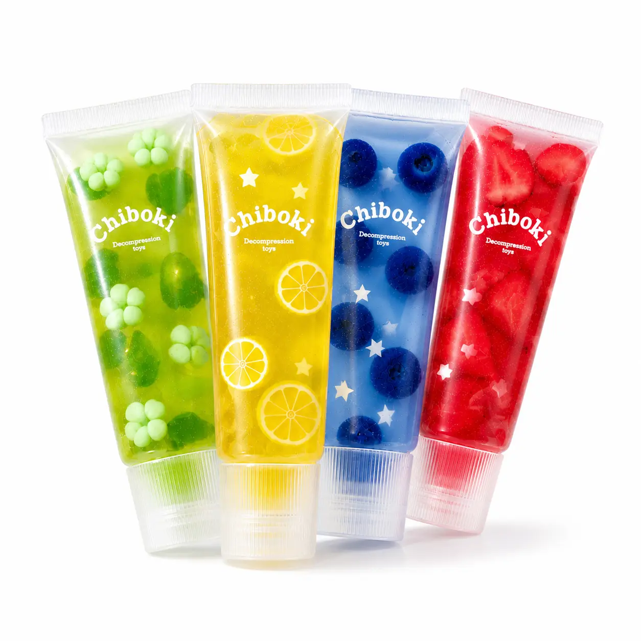 4pack Chiboki Toothpaste Squishy, Fruit Jam Desk Collectible and Squeeze-and-Shape Sensory Toy, Ages 6+
