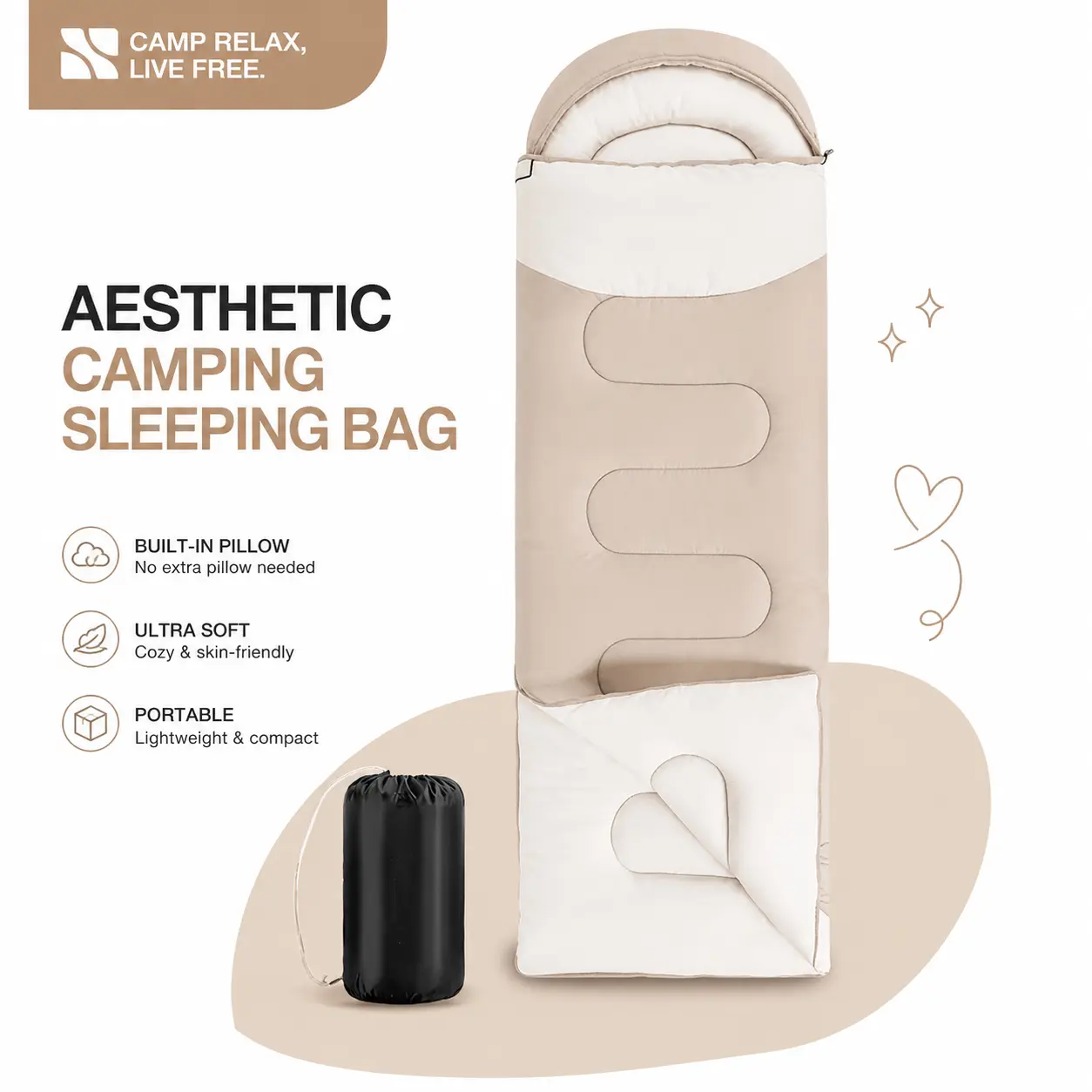 Camping Sleeping Bag, Ultra Soft Lightweight & Portable with Built-in Pillow, for Adults Outdoor Camping Backpacking, Aesthetic Envelope Sleep Sack with Stuff Sack