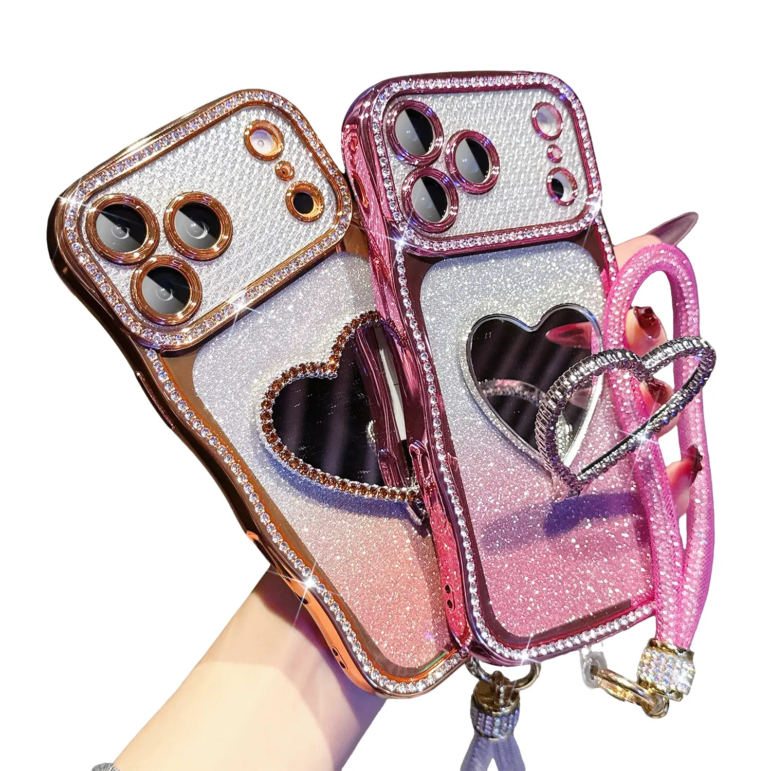 Magnetic Case for iPhone 17 16 15 14 13 Pro Max, Bling Rhinestone Glitter Gradient Phone Case with Heart Makeup Mirror Stand & Wrist Strap, Luxury Shockproof Protective Cover for Women Girls