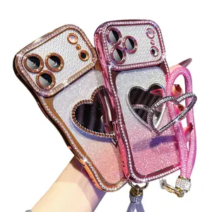 Magnetic Case for iPhone 17 16 15 14 13 Pro Max, Bling Rhinestone Glitter Gradient Phone Case with Heart Makeup Mirror Stand & Wrist Strap, Luxury Shockproof Protective Cover for Women Girls