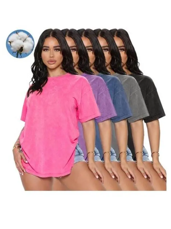 Lady's 5-Pack Oversize Pure Cotton T-Shirts - Washed Distressed Look, Loose Drop-Shoulder Crew Neck Basic Short-Sleeve Tops, Soft Breathable, Multi-Color, Everyday Casual & Streetwear Essentials