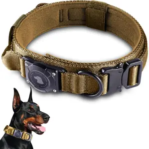 2026 Upgrade Waterproof AirTag Dog Collar, Military Tactical Dog Collar with AirTag Holder, Comfortable Control Handle and Metal Buckle, GPS Dog Collar Holder for Medium to Large Dogs (Khaki,L)