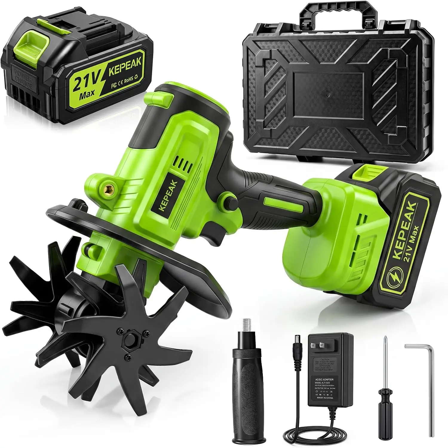 【BackToSchool】KEPEAK Cordless 10-Cell Lithium-Powered Micro Tiller Tool, 1300mAh US Plug Charger Full Set Kit with Carry Box, Handheld Grip Soil Tilling Machine for Small Backyard Gardening, Gas-Free Power