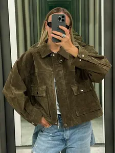 Women's Olive Faux Fur Jacket, Low Neck Button Front, Long Sleeve, Fitted, Hooded Pocket Design, Casual Streetwear Outerwear, Coats