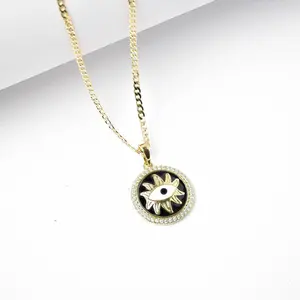 Collar Ojo Turco y Ojo Solar 14K Laminado con Cadena Cubana 2mm – 16”, 18”, 22”