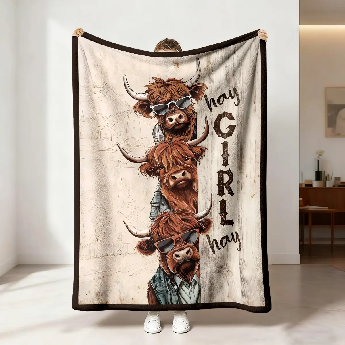 1 piece highland cow themed blanket with sunglasses, trendy clothes and farm background elements suitable for sofa, bedroom, travel, soft, skin-friendly and machine-washable home decoration Cow Pattern Blanket, Cow Print Blanket