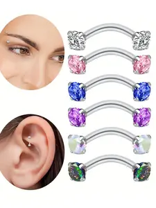 2pcs 16g Stainless Steel Multicolor Cz Curved Barbell Eyebrow Rings, Cartilage Daith Earrings 8mm, Hypoallergenic Jewelry Set, Body Piercing Jewelry, Cartilage Stud