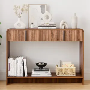 Giratree Mid-Century Modern Narrow Console Table with 2 Drawers, Fluted Design, Curved Edges, Slim Sofa Table for Living Room, Entryway, Hallway