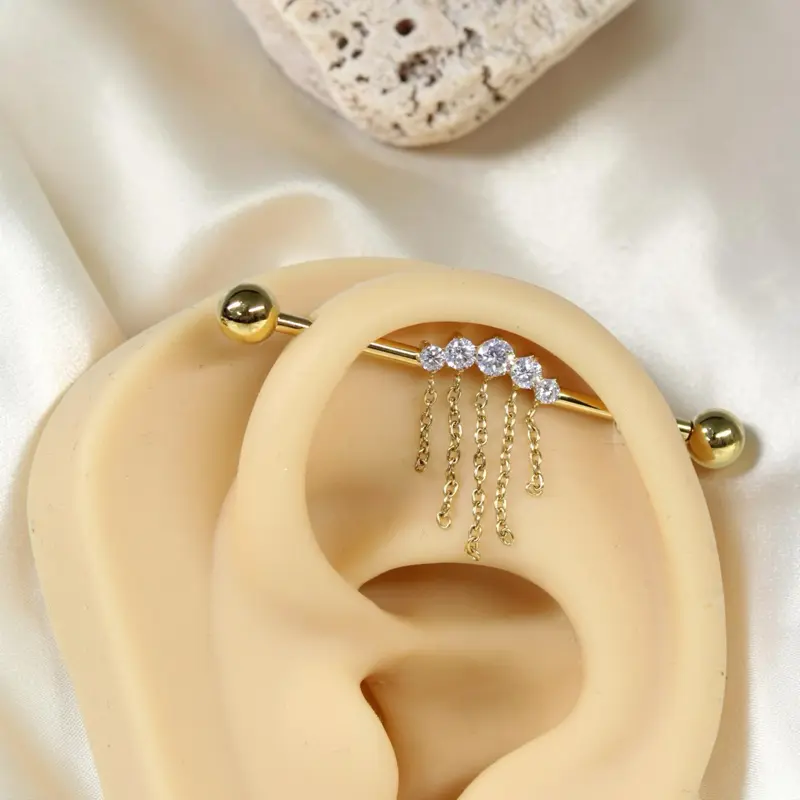 14g Dangle Chain Industrial Piercing Barbell, Titanium Gold Internally Threaded Scaffold Piercing