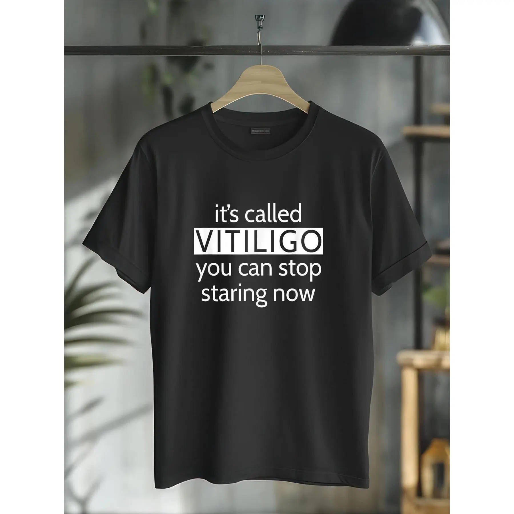 Vitiligo Awareness Black T-Shirt (1 Pack): "Stop Staring Now", Funny Slogan, Crew Neck, Short Sleeve, Regular Fit, Medium Stretch, Soft Texture, Casual Style for Casual Outfits, Casual T-Shirt.