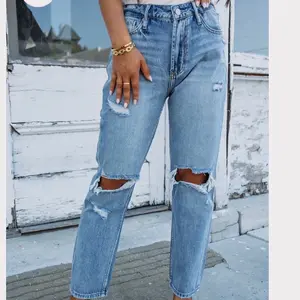 Sky Blue Open Knee Cutout Straight Leg Jeans