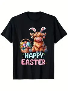 Men's & Women's Highland Cow & Bunny Easter T-Shirt - Short Sleeve Casual Round Neck Tee with Glossy Finish Suitable for All Seasons, S-XXXL Sizes, Beach & Outdoor Wear, Cute Scottish Cow Print for, Boys and Girls Clothing, PLUS SIZE