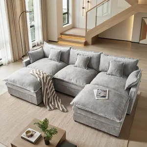 【2 Packages Shipping】Ovios 108" U-Shaped Modular Sectional Sofa - Comfy Cloud 3-Seater with 2 Movable Ottoman, Cloud Sofa Couch, Deep Seat Linen Couch for Living Room, Comfort & Stylish Design, Chenille Beige