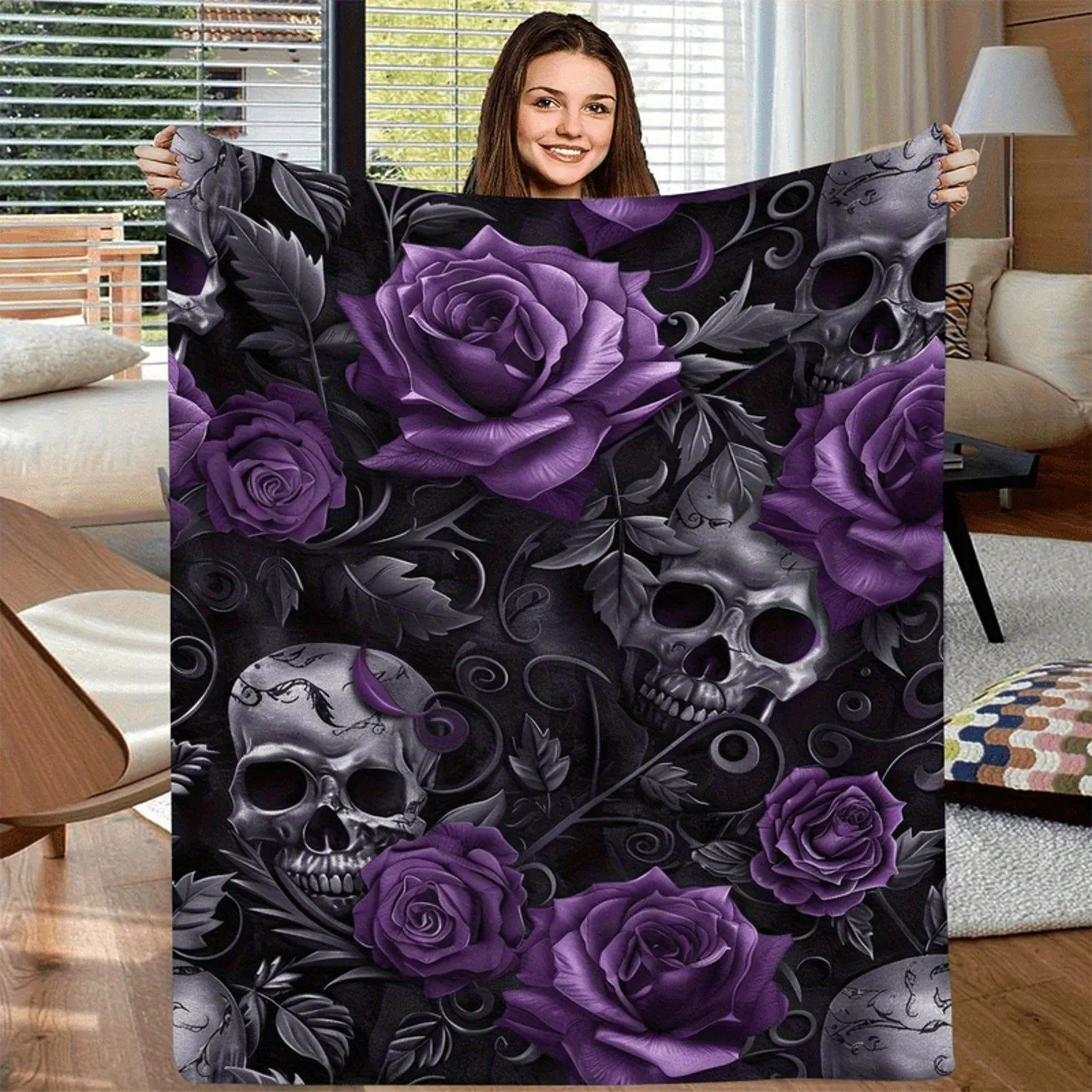Gothic Classic Fleece Skull Roses Blanket - Soft Cozy All-Season Luxury Bedspread, Multi-Size Dark Purple Black Pink, Machine Washable for Couch/Bed, Ideal Home/Travel Gift