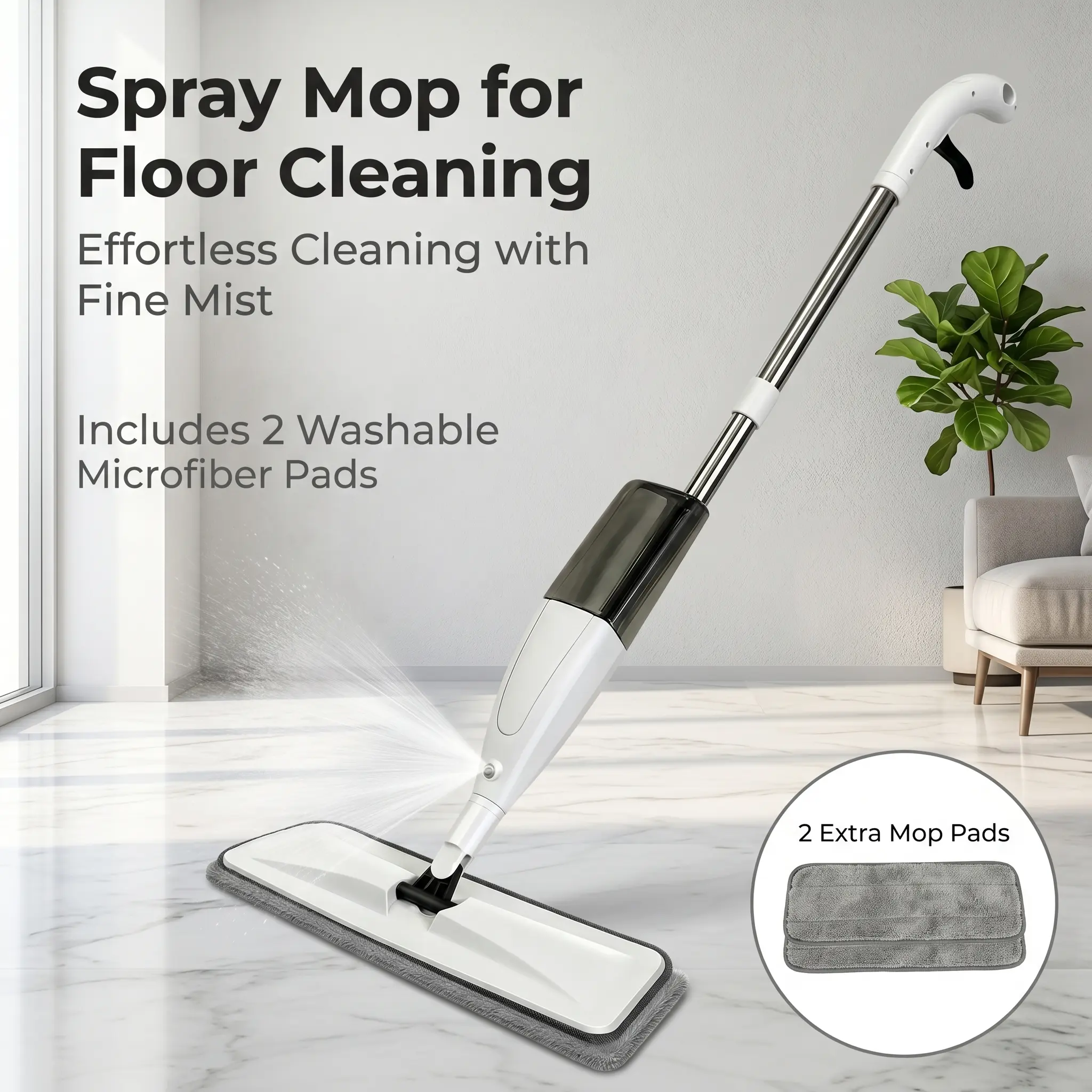 Tools, Water Spray Mop – White, Medium, 3-section pole, 2 reusable microfiber pads, home