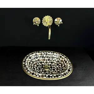 Oval Brass Sink with Circular Wood and White Resin Accents