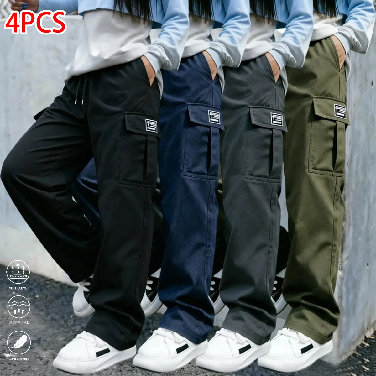 Set of 4 women’s cargo pants with an elastic waistband and multiple practical pockets, suitable for outdoor sports, everyday wear, and commuting to work. Classic solid-color design, ideal for all seasons. Women’s long pants, womenswear.