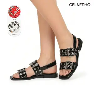 CELNEPHO Womens Flat Sandals Open Square Toe Flat Block Heel Metallic Buckle Strap Easy Slip on Slingback Flats Office Wear Comfortable Casual Party Date Fashionable Daily Wear Dress Shoes