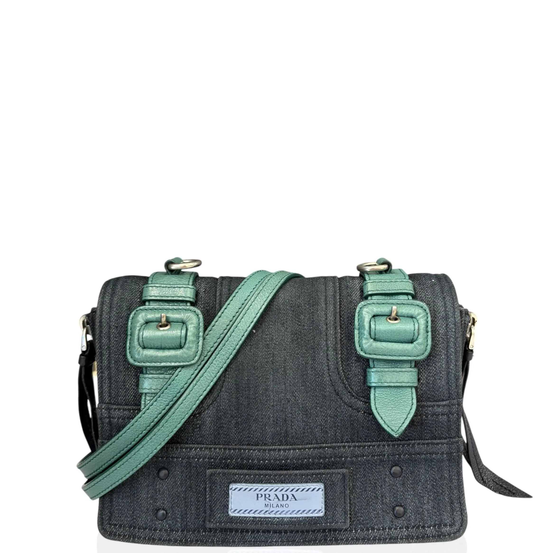 Pre-owned PRADA Leather Backpacks Flap Backpack Denim Blue Green (xh060826a1)
