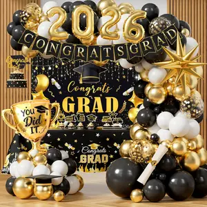 Class of 2026 Graduation Decorations Kit, Gold Black Graduation Party Decor with Congrats Grad Class of 2026 Backdrop Balloon Garland Tablecloth for Gradua
