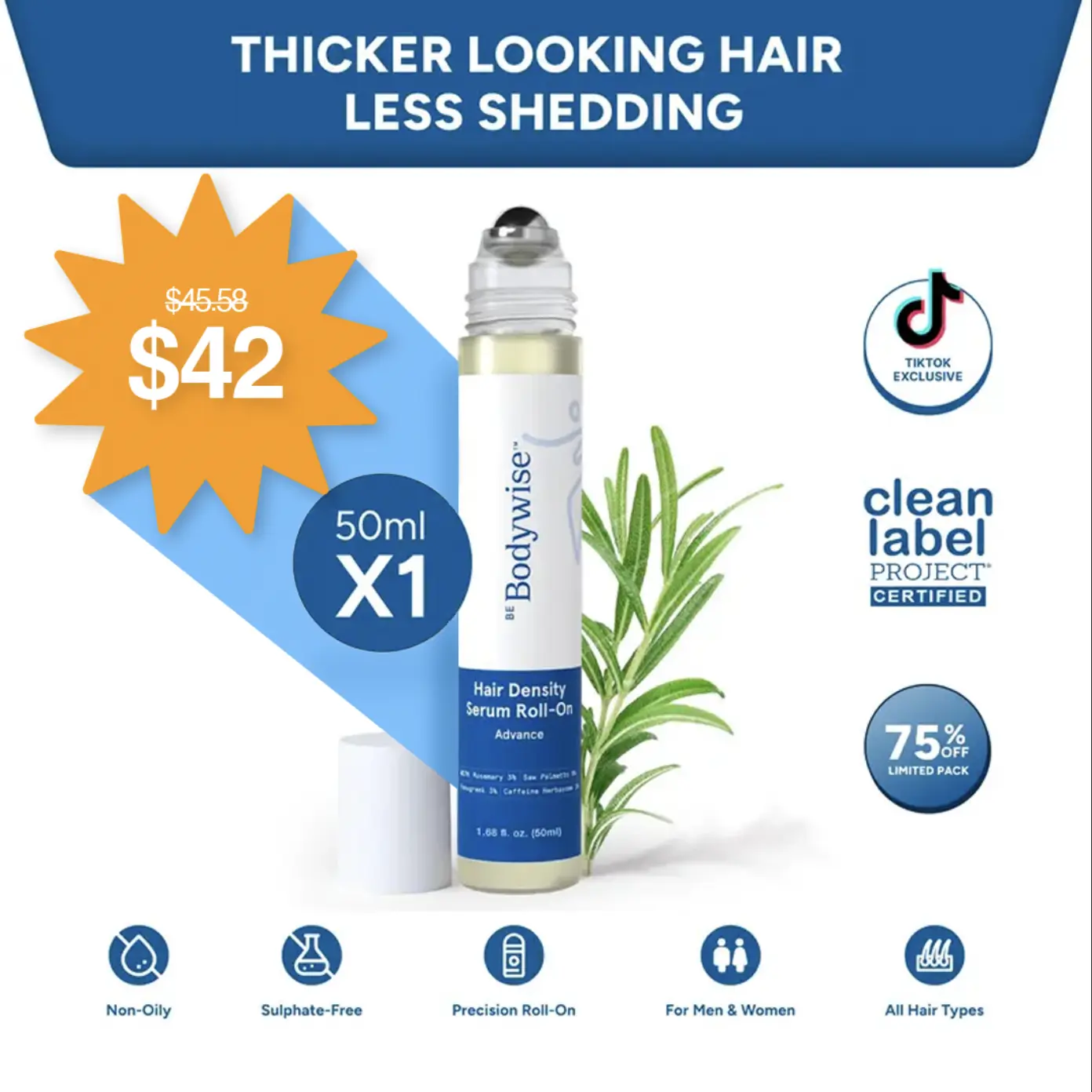 Be Bodywise Hair Growth Roll-On Serum | New Year New You Edition | 3% Rosemary, 3% Redensyl, 2% AnaGain | Precision Scalp Applicator | Paraben/Sulphate-Free | Non-Oily | DHT-Care Botanicals | 50ml