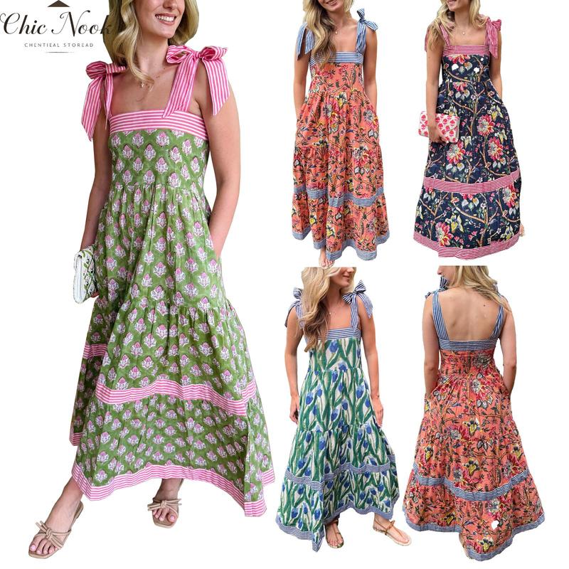 Women Summer Maxi Dress with Pockets 2025 Spaghetti Strap Sundress Casual Flowy Boho Dress Floral Tiered Beach Dress