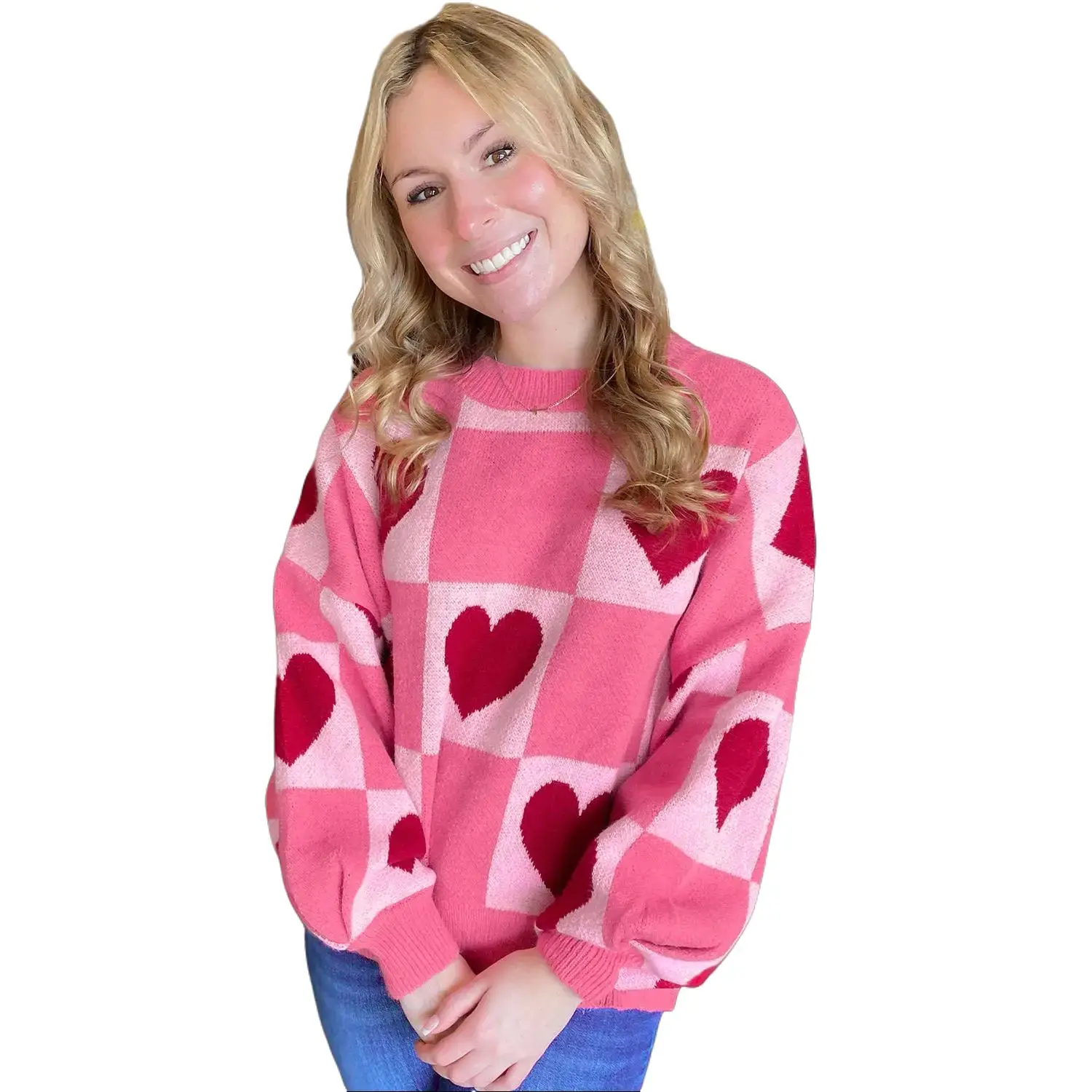 Pink Love Heart Checkered Valentine Knit Sweater