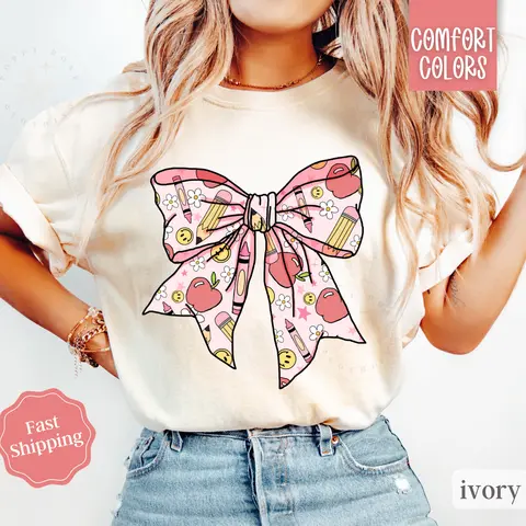 Teacher Bow Shirt Comfort Colors, Back To School Teach Tshirt, Oversized Crewneck Tee, Gift for Her