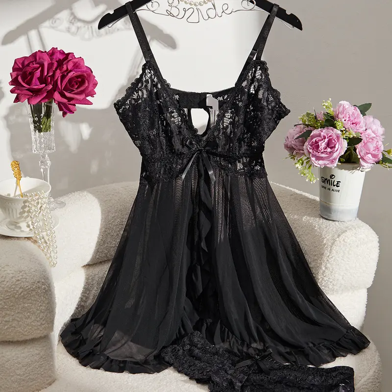 Women's Black Lace Babydoll Lingerie   set   - Deep V Lace Cups with Bow, Sheer Mesh Skirt, Matching Panty, 8 Colors, S-4XL Sizes breathable sleep dress thong set