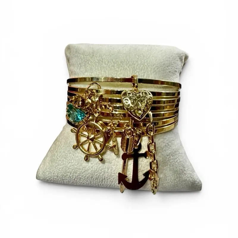 Yemaya Ashaba Gold-Plated Cuff Bracelet Set, Laminated Gold Bangle Bracelets with Dangling Stones