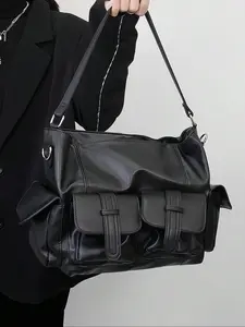 Women's Multi-Pocket Motorcycle Crossbody Bag, Soft Leather Vintage Shoulder Tote, Large Capacity Commuter Handbag for Women