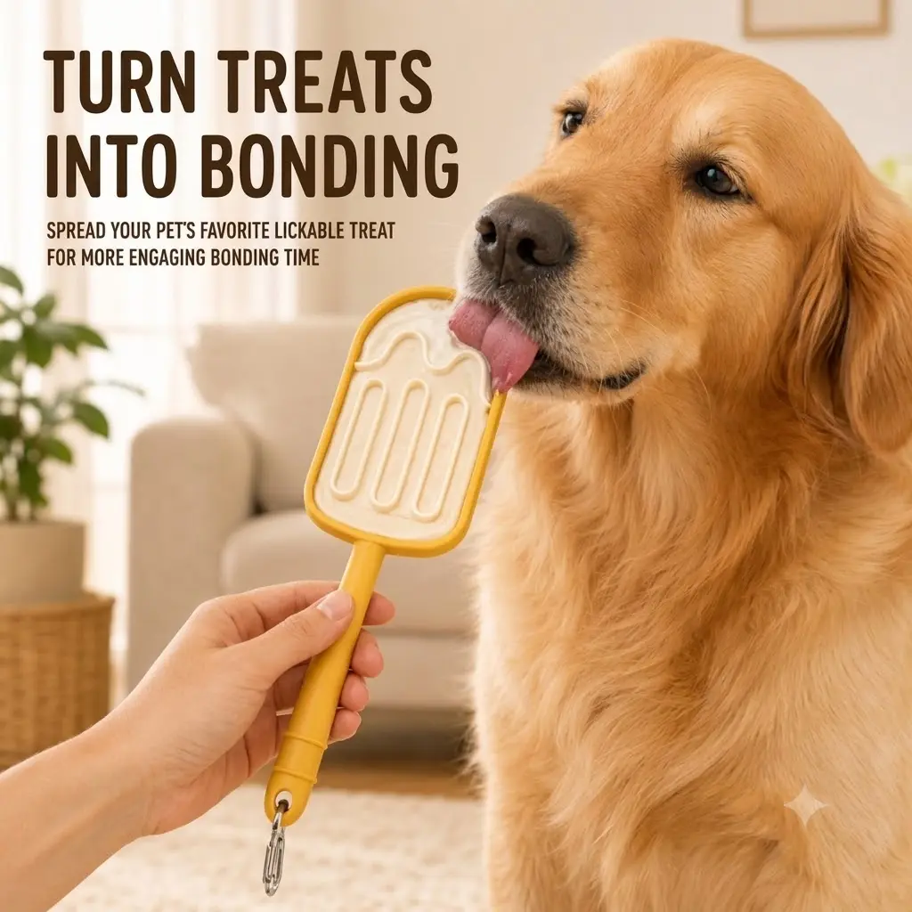 Handheld Dog & Cat Lick Mat Stick, Interactive Slow Feeder Enrichment Toy with Long Easy-Grip Handle, Textured Treat Pad for Peanut Butter, Yogurt, Wet Food, Portable Training Tool