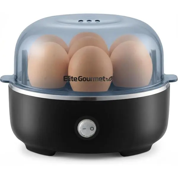 Elite Gourmet EGC115B Easy Egg Cooker, 7-Egg, BPA-Free, Classic Black | Cooks soft, medium, or hard-boiled eggs with auto shut-off - electric operation - includes measuring cup