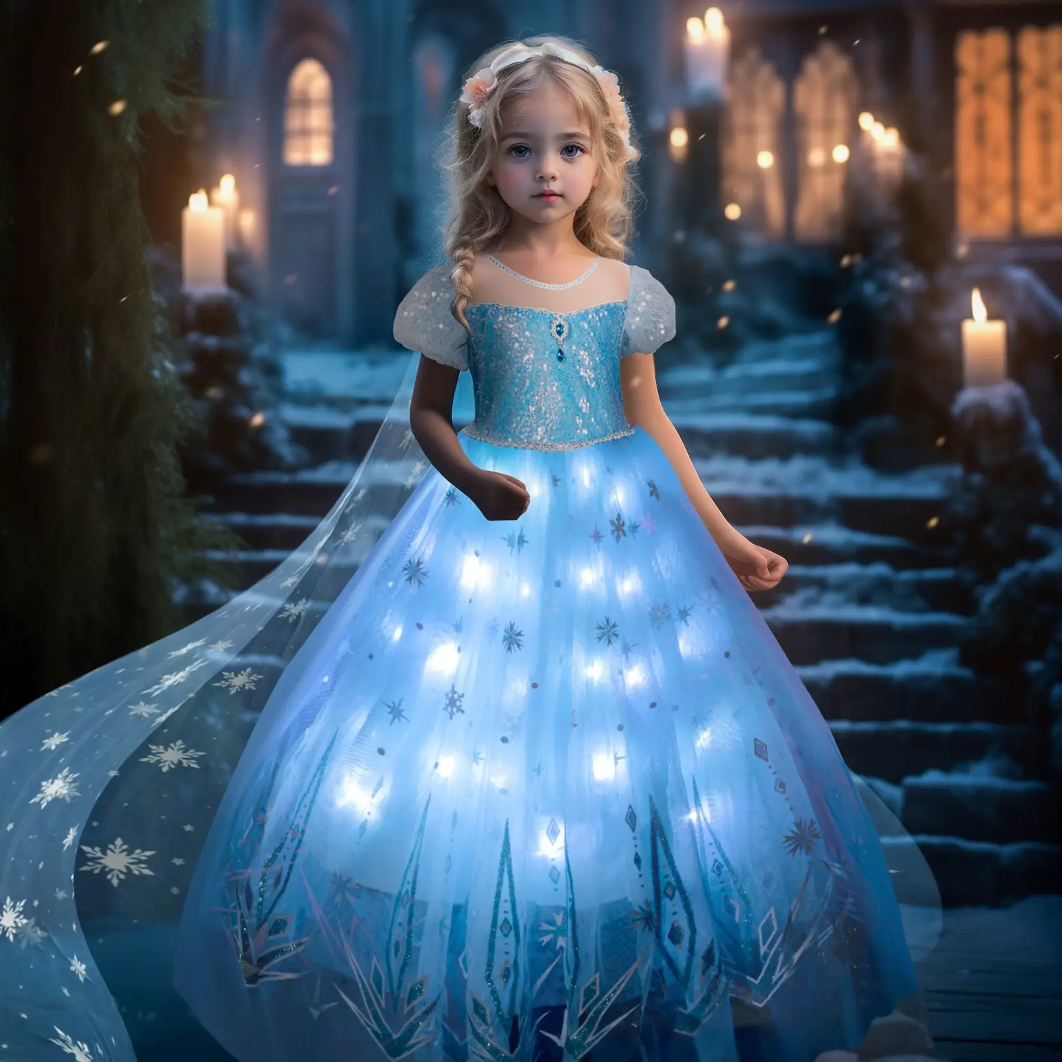 UPORPOR Light Up Princess Dress Girls Costume Princess for Kids Dressing Up Clothes for Christmas Halloween Birthday Party with Blue Cape, Batteries n