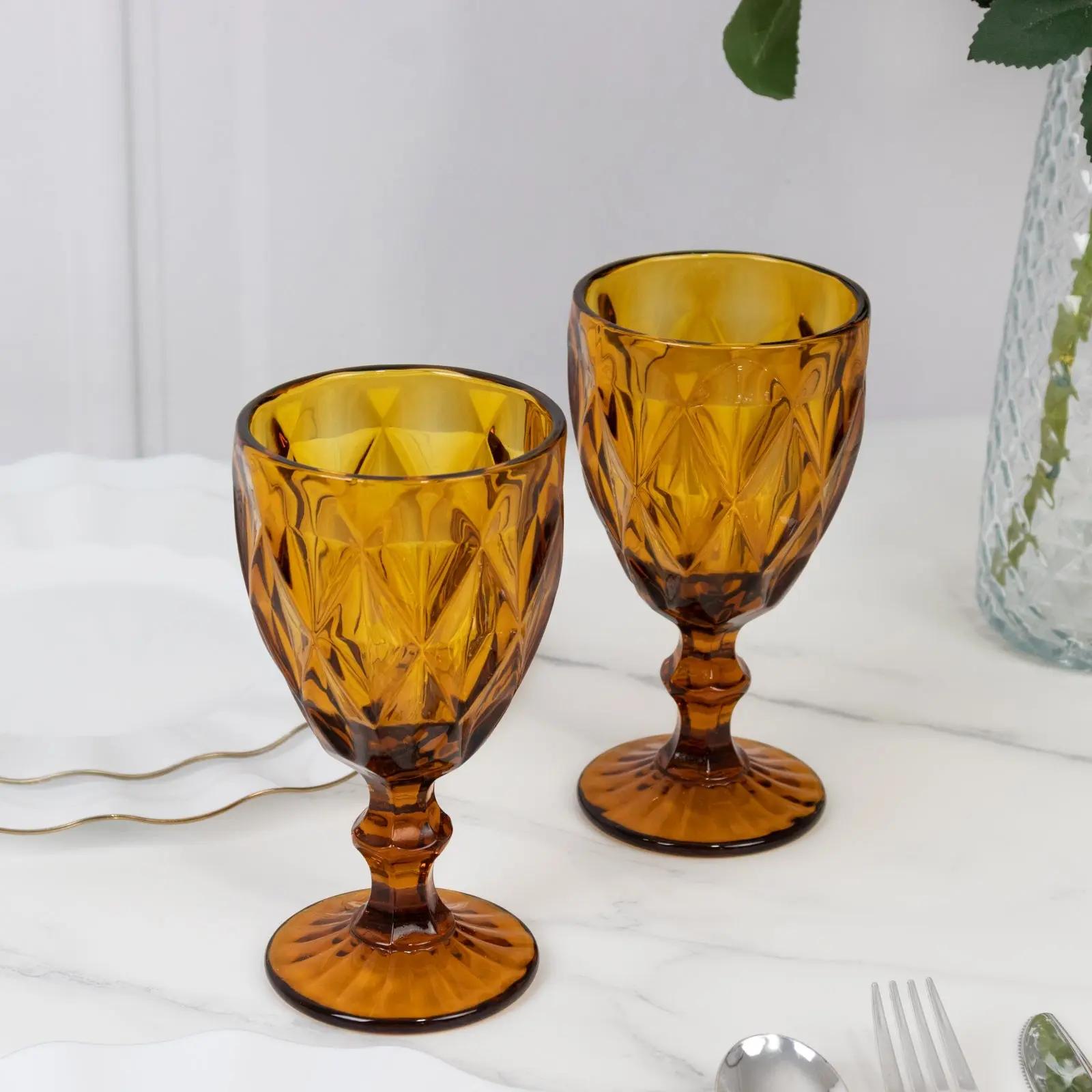 Premium Drinking Glasses - 6-Pack 12oz Stemmed Shape Wine Glass Set, Crystal Cut Embossed Transparent Amber Gold 7" Goblets for Adults, Ideal Birthday Gift Ideas