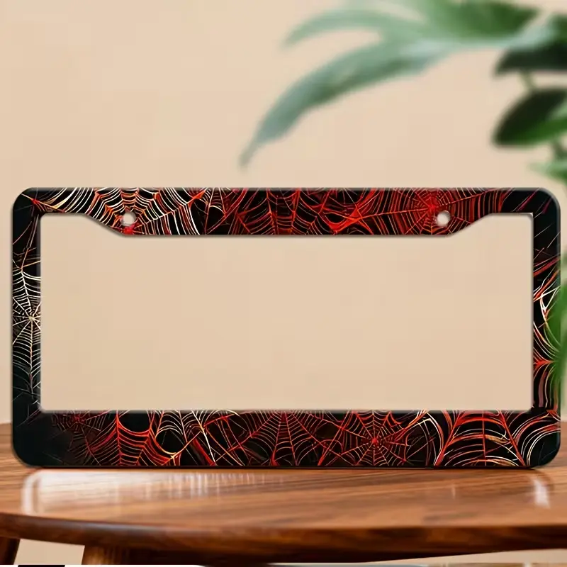 Spider Web License Plate Frame – Red Black Gothic Car Tag Holder, Halloween Auto Accessories