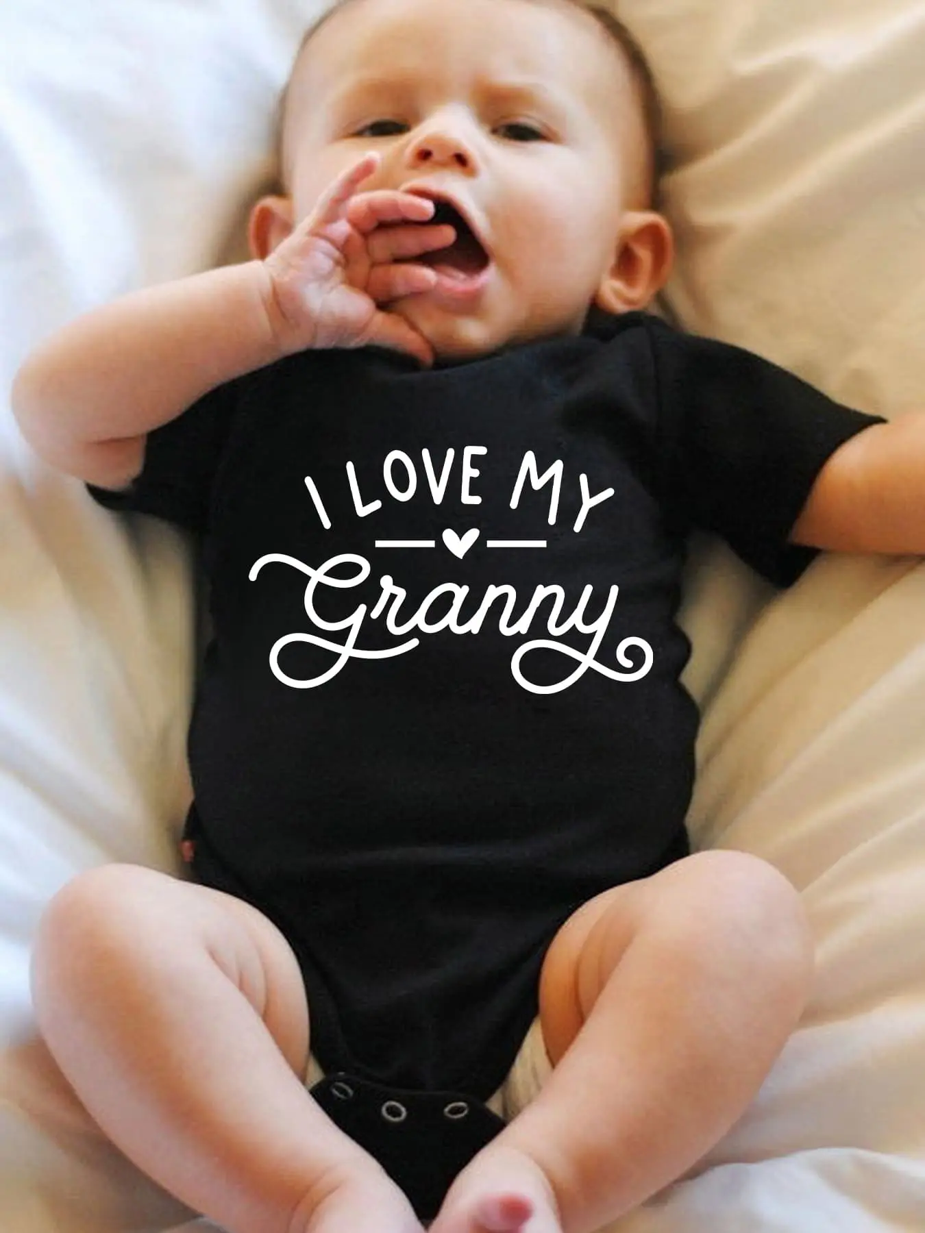 I Love My Granny Heart Divider Script Baby Bodysuit, Grandmother Love Short Sleeve Lightweight Cotton Black Infant Onesie