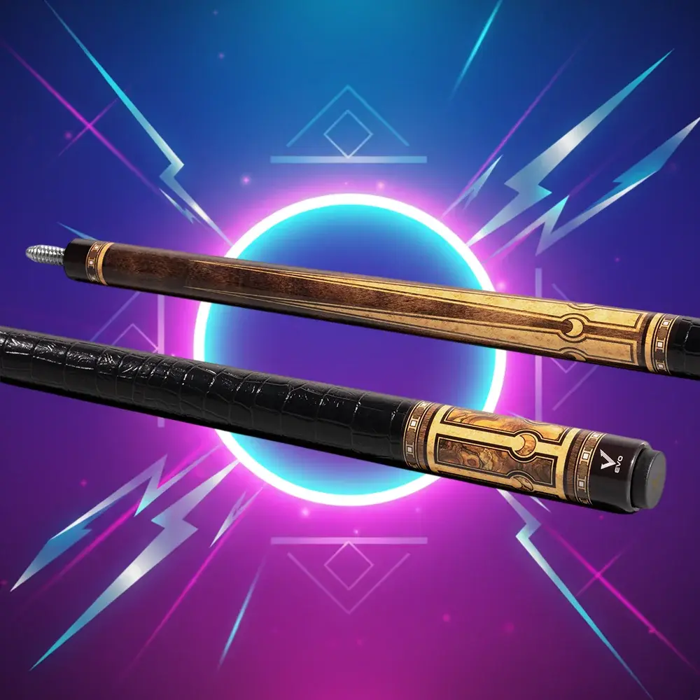 EVO LUNA Pool Cue — Golden Crest Edition with Synthetic Leather Wrap, Glassfiber Shaft, TIME 3 Tip, Hybrid Pro Taper, Carbon-Glass Butt, Ultra-Stiff 3/8-10 Stainless Joint, 19–19.5 oz Precision