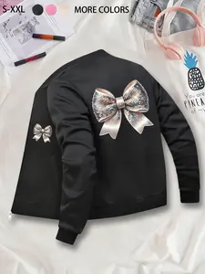 Girls' Sequin Bow Zip-Up Jacket. Durable & Stylish Outerwear, Suitable for Daily Wear, Multi-Season Design. Shiny Coat