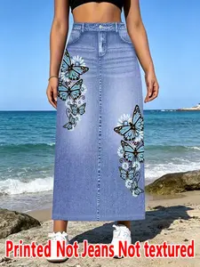 Women's Denim Print Long Skirt, High-Waisted Loose-Fit Casual Skirt, All-Over Print, Natural Waist, Spring & Summer Fashion