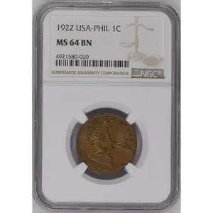 1922 USA-PHILIPPINES 1C NGC CERTIFIED COIN MS 64 BN